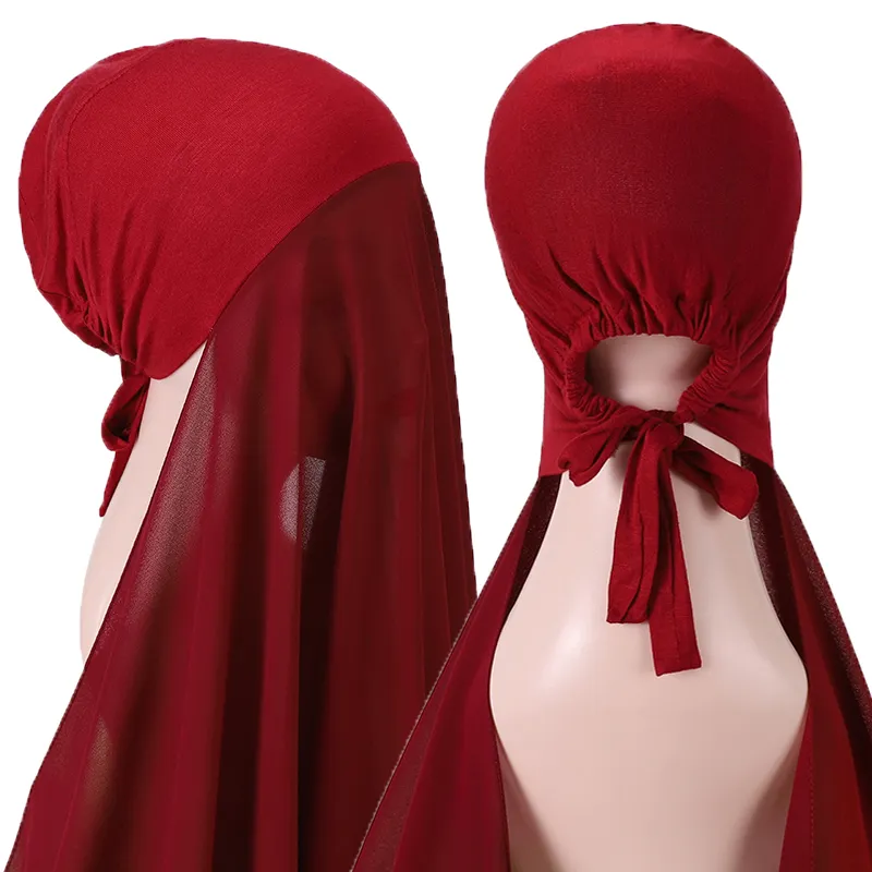 Nieuwe Popular Bubble Solider Color Heavy Chiffon Hijab met Bonnet Elastische touw Gratis gebruik Stijl Gratis gebruik Sjaals