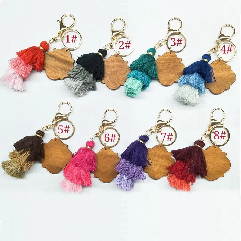 Personalized Wooden Keychain Party Favor Three-layer Cotton Tassel and Four-leaf Clover Wood Chip Pendant Key Ring Multicolor