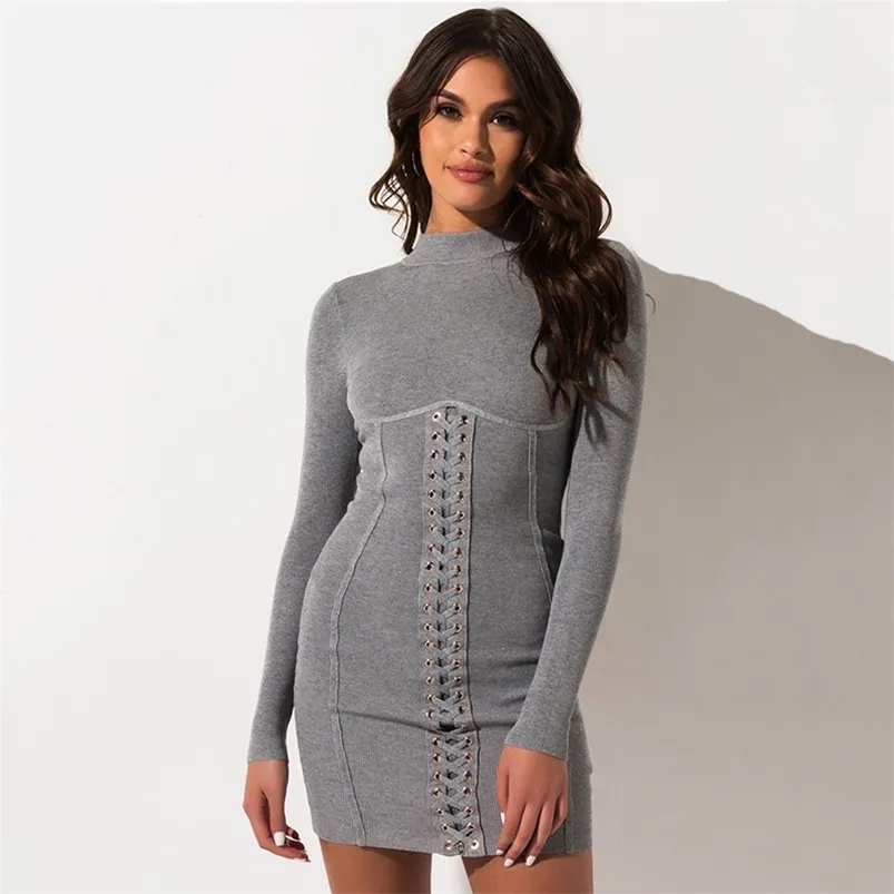 Bodycon Örme Kazak Elbise Rahat Sıcak Kış Dantel Yukarı Ön Vestidos Kadın Giyim Moda Kısa Lady 210427