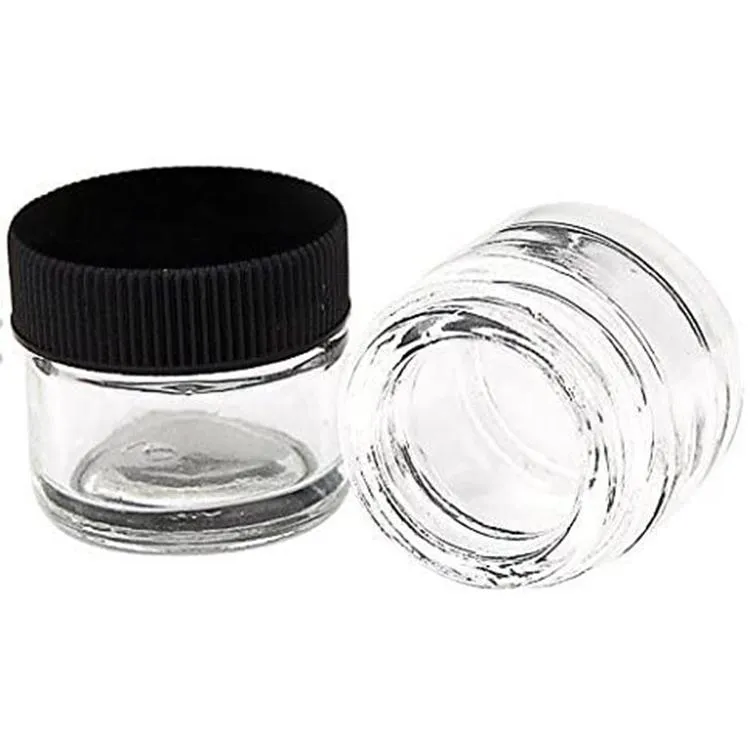 2021 Klasa żywności 5ml Clear Glass Jar Butelka z czarną czapką do Delta 8 DAB Ekstrakty Shatter Live Żywicy Rury Wosk koncentruje kontenery