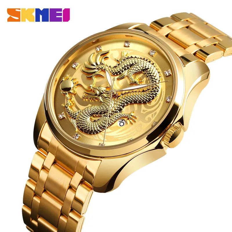 SKMEI MENS Relógios Top Marca Luxo Golden Quartz Watch Homens 3bar Data à prova d'água Exibição de aço inoxidável pulseira de pulso 9193 Q0524