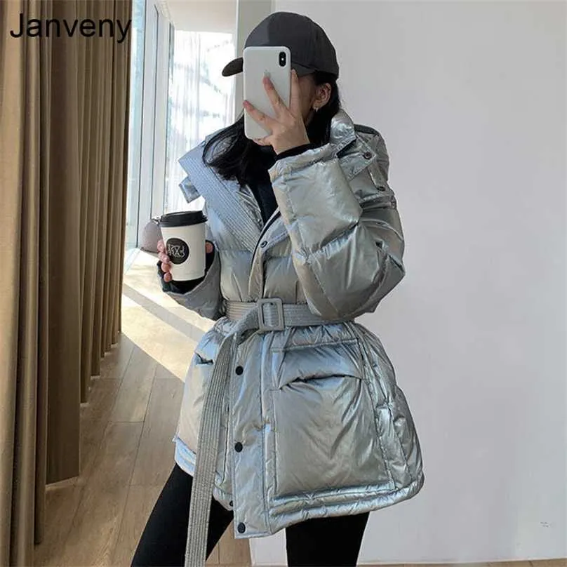 Janveny Brillant Brillant Vers Le Bas Veste Femmes Hiver 90% Blanc Canard Manteau Femme Puffer Parkas À Capuche Imperméable Neige Outwear 211018