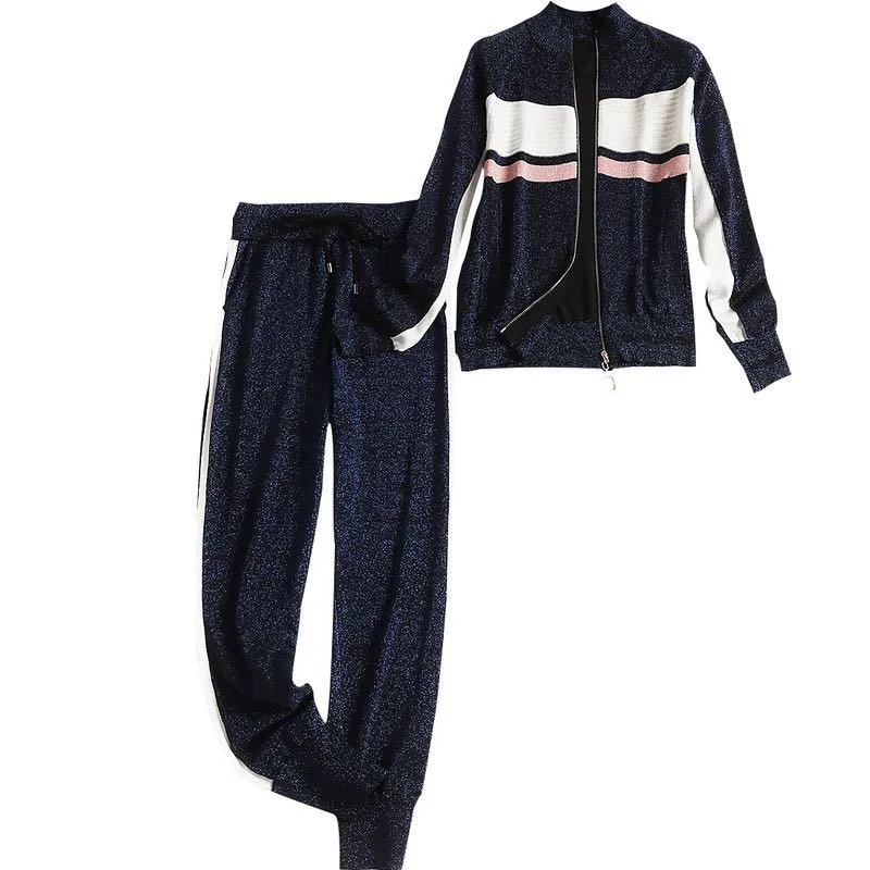 Spring Autumn Women Striped Tracksuit Knitted Two Pieces Zipper Cardigan Jacket Coat + Pencil Pants Suit Sport Knit Set 210416