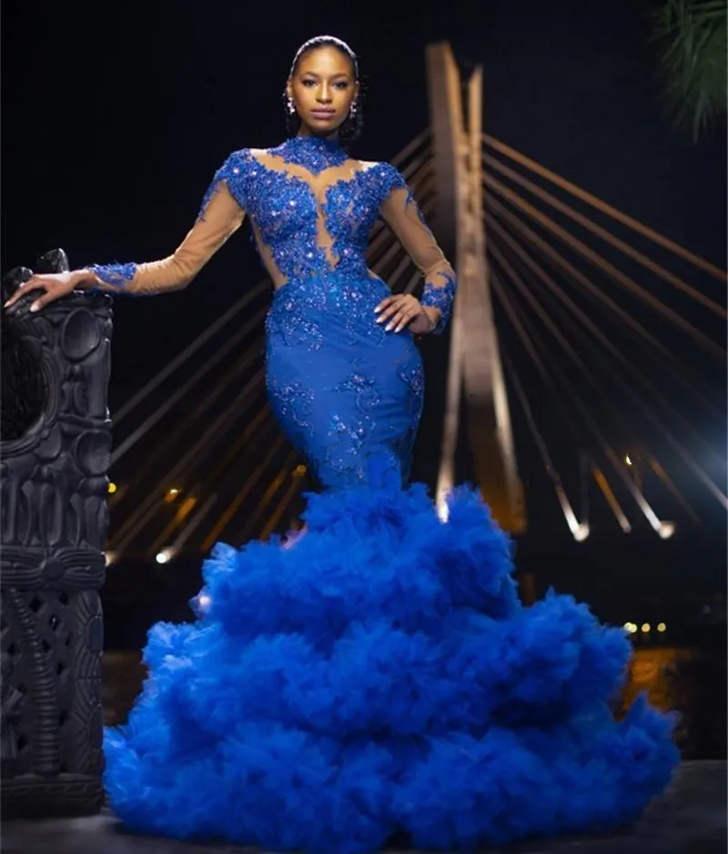 ASO EBI Royal Blue Sirena Dress Prom Dresses Puffy Skirt Tiered Skirt Maniche lunghe Collo alto Abiti da sera formale Pageant Pizzo Speciale Dress Dress 2022