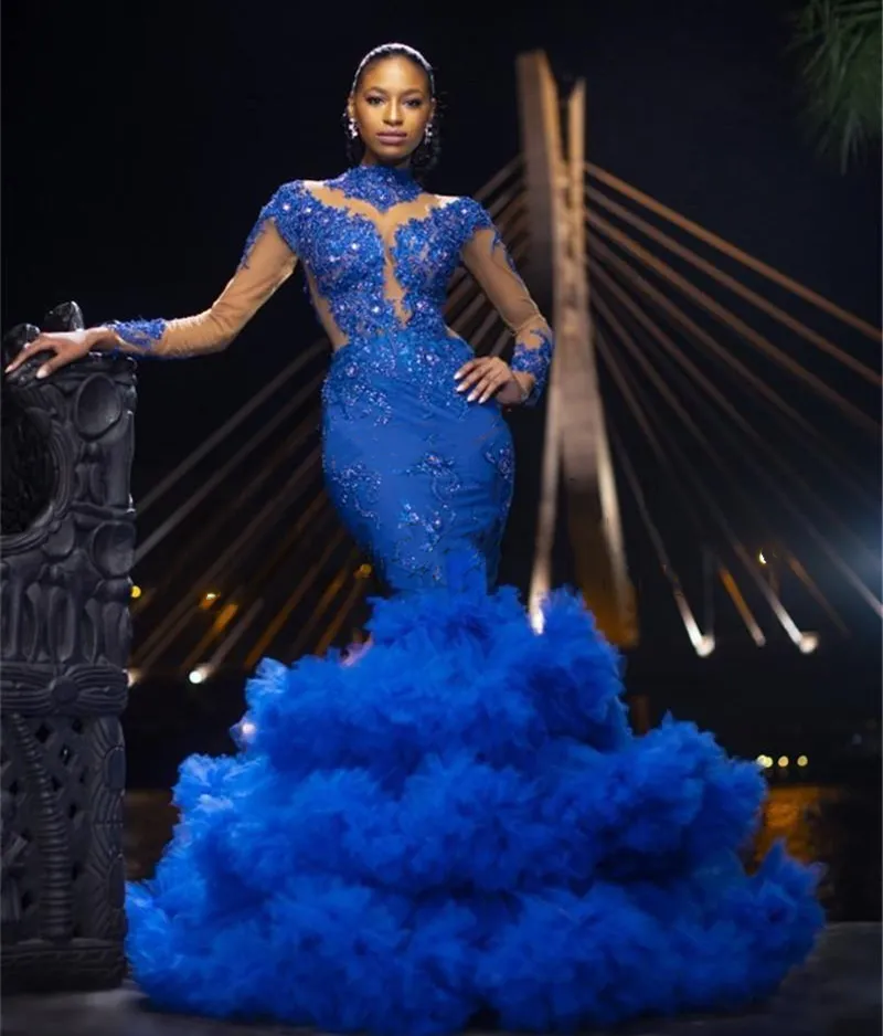 ASO EBI Royal Blue Mermaid Pal Robes Jupe à balles gonflées Manches longues Cou High Cou Robes de soirée Formelle Pareant Dentelle Dentelle Occasion Occasion 2022