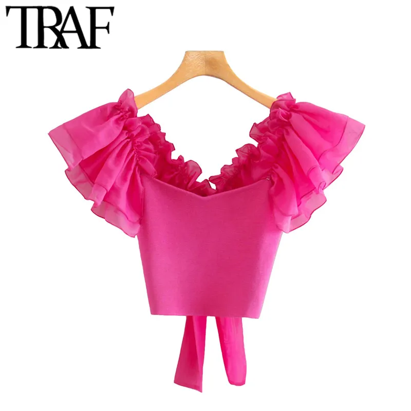 TRAF Donna Moda Organza Manica corta Camicette lavorate a maglia Vintage Back Bow Tied Ruffle Camicie femminili Chic Top 210415