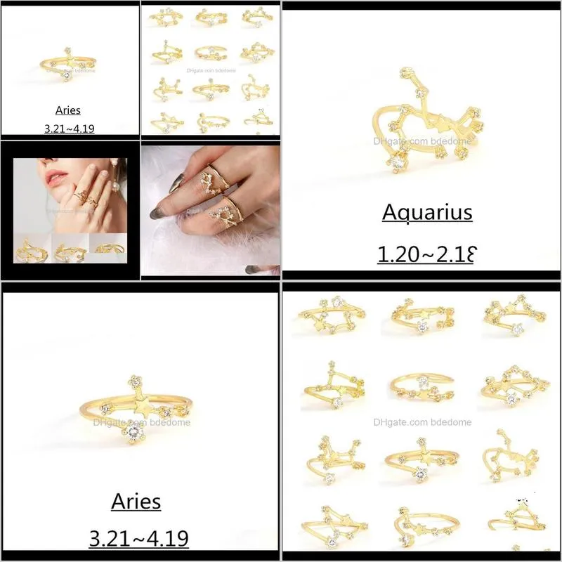 2020 new 12 constellations ring fashion open ring lucky best friend gift gold color diamond zodiac ring