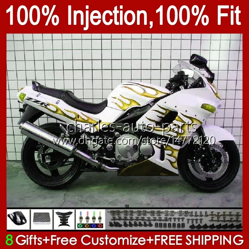 Injeção para Kawasaki Ninja ZZR400 Amarelo Branco Novo ZZR600 1993 1994 1995 1996 1997 1998 1999 07 84HC.178 ZZR 400 600 ZZR-400 2001 2006 2007 Fairings