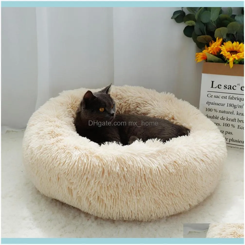 Fluffy Calming Dog Long Plush Donut Pet Hondenmand Round Orthopedic Lounger Sleeping Bag Kennel Cat Puppy Sofa Bed House 201223