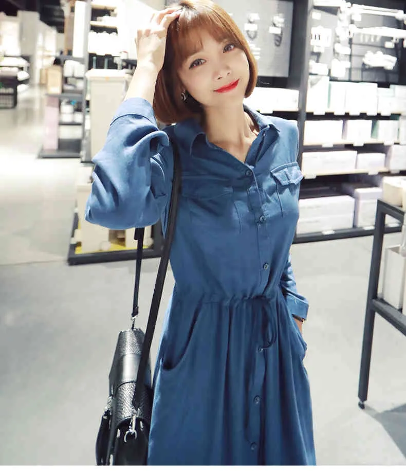 Korean Fashion Single-Breasted Splitting Long Shirt Dress for Women - Casual Pleated Vestidos Primark 2021 in Black/Blue (210518)