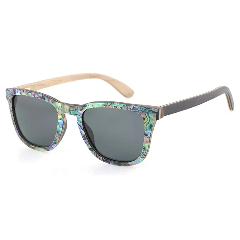 Lunettes de soleil polarisées en coquille d'ormeau pour femmes, monture carrée, jante en placage de bois, lunettes de soleil en bois personnalisées