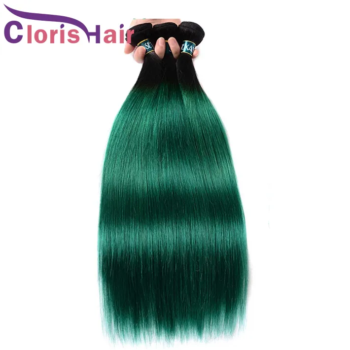 Dark Roots 1B Green Silky Straight Weft 3 Bundles Brazilian Virgin Ombre Weave Colored Turquoise Human Hair Extensions Healthy End