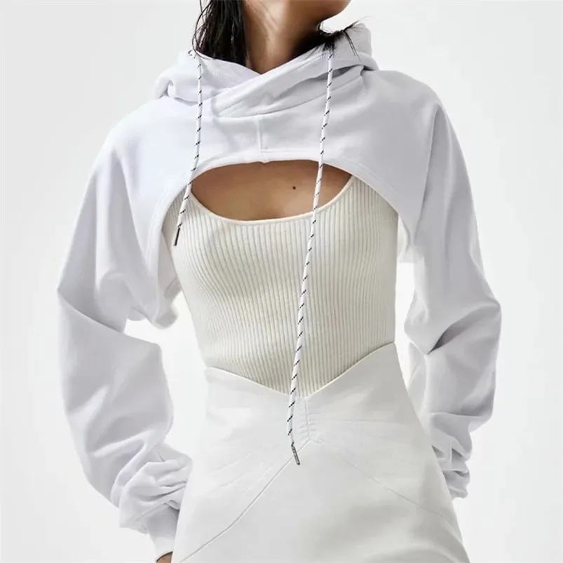 ZA Kadınlar Yaz Seksi Moda Süper Kısa Hoodie Hiohop İpli Uzun Kollu Açık Göğüs Kolay Ropa Mujer Giysileri Tops 210721