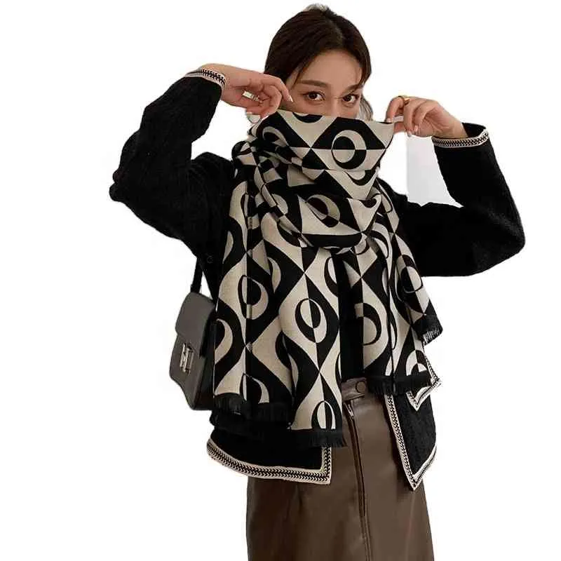 Sciarpa bifacciale geometrica con scialle a marmitta da donna calda invernale