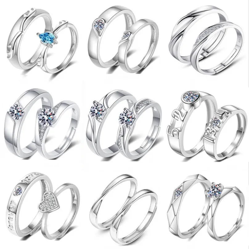 Mode Simple ouverture lettres bague de mariage minimaliste couleur argent anneaux réglables pour hommes femmes Couple bijoux de fiançailles