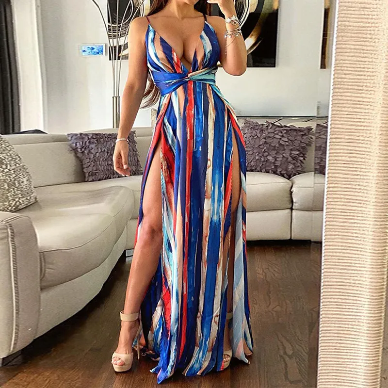 Kvinnor Dres Summer Boho Klänningar Stripe Backless Dresses Strap Ärmlös Evening Party Beach Klänningar Sundress Vestidos 210521