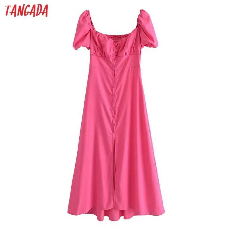 Tangada femmes romantique rose robe bouffée à manches courtes col carré femmes coton lin robes mi-longues Vestidos 3H517 210609