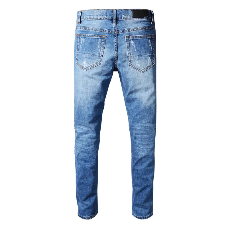 Herren Jeans Biker Pant Homme Marque De Luxe High Street Skinny Men Trend Blue Ripped Jean Stacked Hole Spijkerbroeken Heren257m
