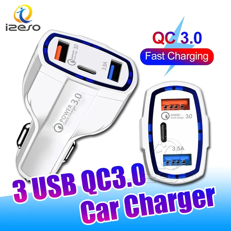 QC3.0 PD Auto Charger 3 in 1 Type C USB Fast Charging 7A Power Adapter voor iPhone 13 Pro max 12 11 xr Samsung Izeso