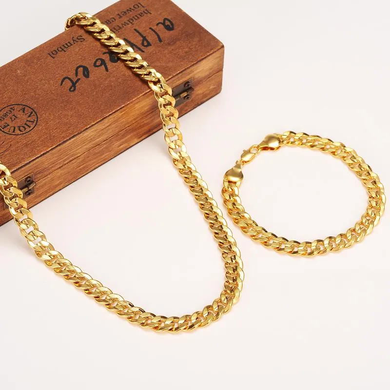 Örhängen Halsband Classics Modig Real 24K Gul Guld GF Mens Kvinna Bracelet Smycken Ställer in Solid Curb Chain Abrasion Resistant