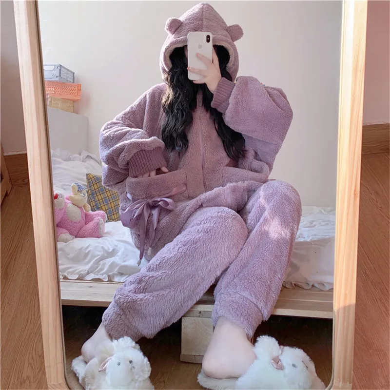 Pyjama Femme Hiver En Peluche Teddy - Ensemble 2 Pièces (haut Et Bas) Doux, Chaud Et Confortable