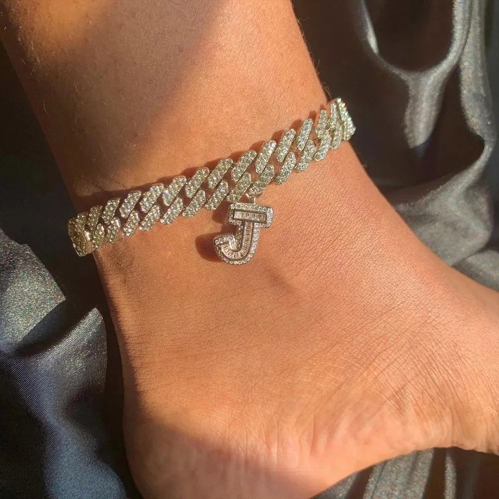 A-Z Initial Iced Out Cubaanse link Anklet Armband voor Mannen Vrouwen Voetketting Roestvrijstalen Crystal Hiphop Sieraden