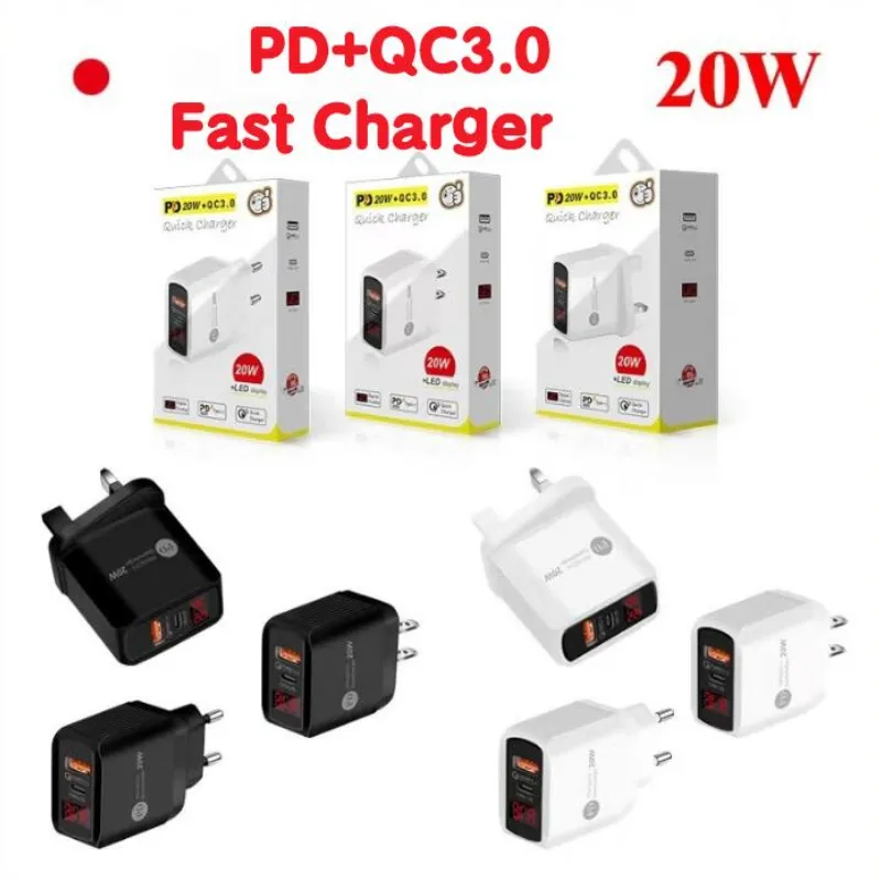 50個のLED表示タイプ-C 20W PDとQC 3.0 Fast Wall Phone Charger us EUイギリスプラグ用Pro X 11 12 Xiaomin Huawei Mobile携帯電話アダプタ