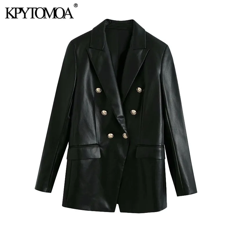 KPYTOMOA femmes mode Double boutonnage Faux cuir Blazers manteau Vintage à manches longues dos évents femmes survêtement Chic hauts 210330
