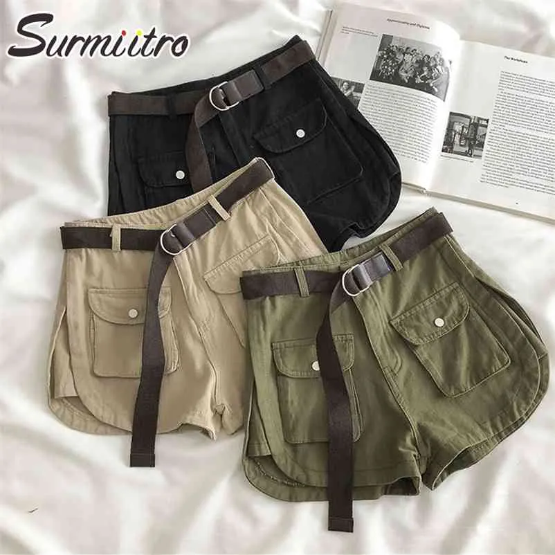 Cotton Summer Korean Cargo Shorts Women Wide Leg Short Pants High Waist Female With Belt 210421