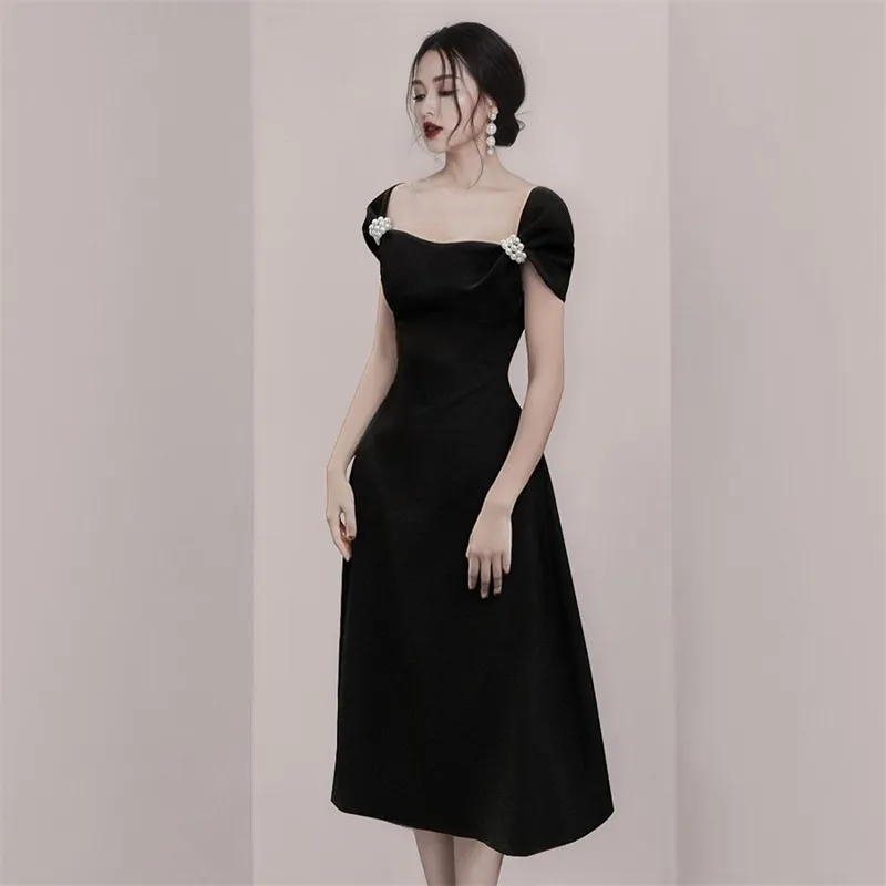 Robe d'été de haute qualité mode noir sans manches perle col carré femmes Vestidos uniques 210520