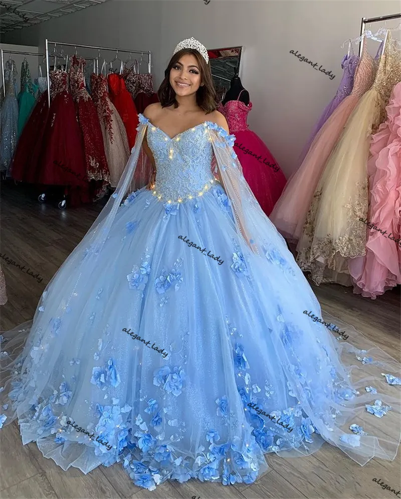 Robe de bal bleu ciel robes de Quinceanera avec cape détachable manches chérie Tulle dentelle Applique Sweet 16 robe tenue de soirée