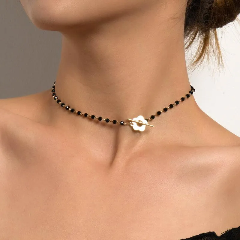 Chokers Fashion Luxury Black Crystal Glass Bead Chain Choker Necklace For Women Flower Lock Collar Short Jewelry 2021