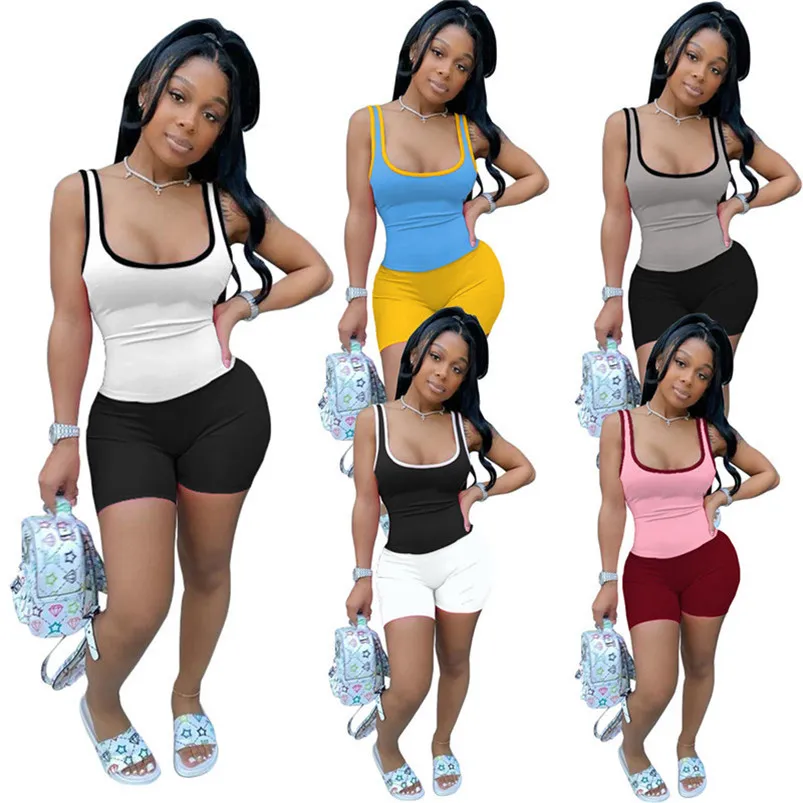 Summer Womens tank top shorts tracksuits outfits two piece set Embroidery women clothes casual sleeveless sportswear sport suit selling klw6411