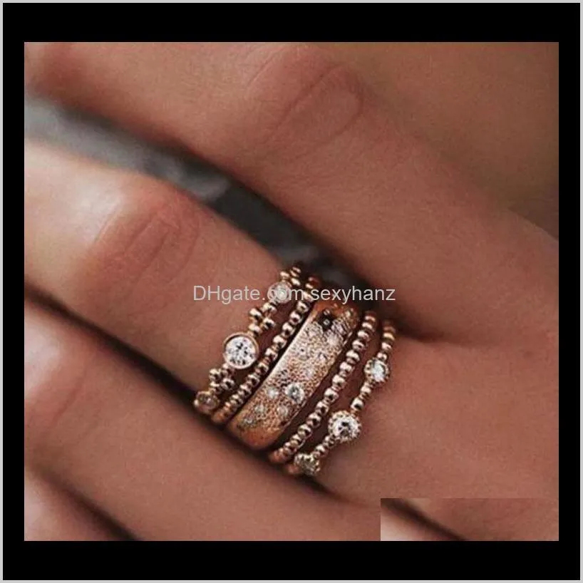 Verkoop 5 stksset Crystal Set Auger Thread Band Rose Vergulde Legering Vrouwen Mode Vinger Hand Ringen Lover Bruiloft Sieraden NZI7L EW6PK