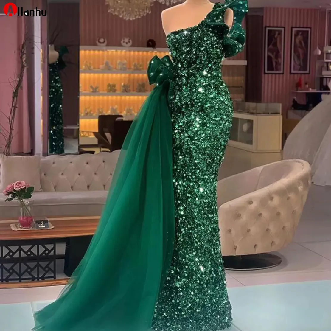 2022 elegante árabe verde escuro vestidos de noite formal glitter lantejouline um ombro sereia sereia vestido de baile peplum comprimento de piso mulheres brilhantes vestidos de ocasião especial 533ww