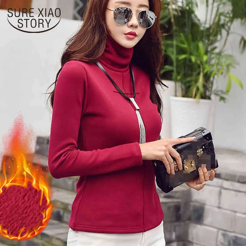 Plus Size S-3XL Herfst Winter T-shirt Dikke Turtleneck T-shirt Dames Lange Mouw Fleece Katoen Tops Bottoming Mujer Tees 7858 50 210417