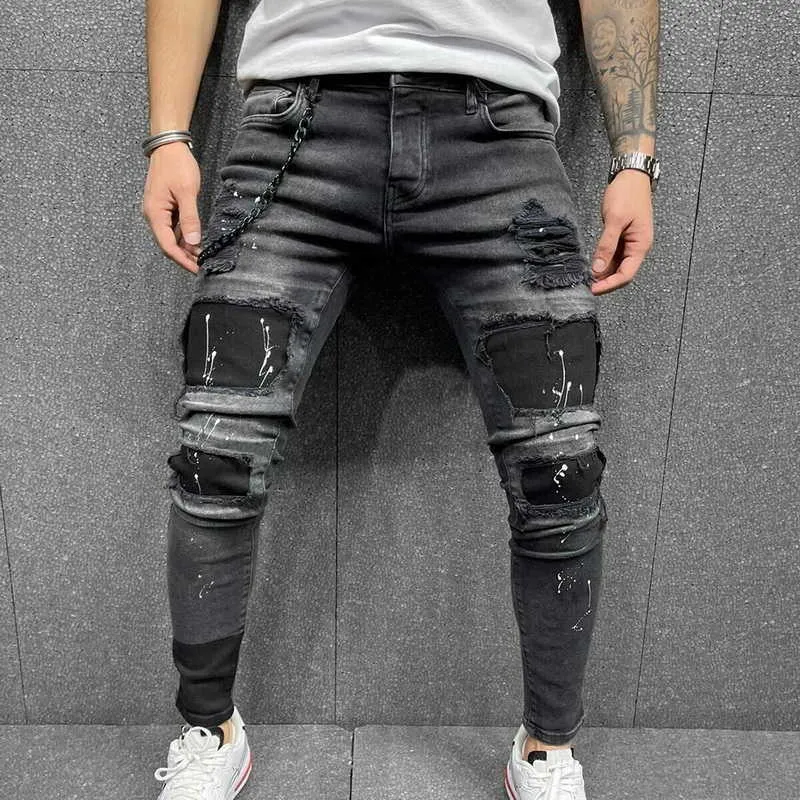 Hombres rasgados pantalones vaqueros flacos de alta calidad negro patchwork biker lápiz pantalones locomotora pantalones de mezclilla calles hip hop pantalones de vaquero x0621