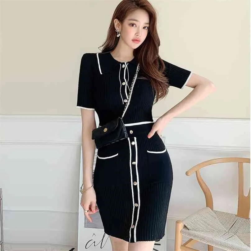 stickad kostym klänning koreanska damer sexig svart kortärmad kontors mantel party tight klänningar för kvinnor 210602