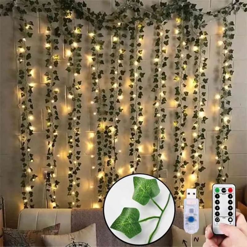 12 Stks Kunstplanten LED Ivy Garland Fake Blad Wijnstokken Kamer Decor Opknoping voor Thuis Bruiloft Woonkamer Decoratie Ivy Garland 210624