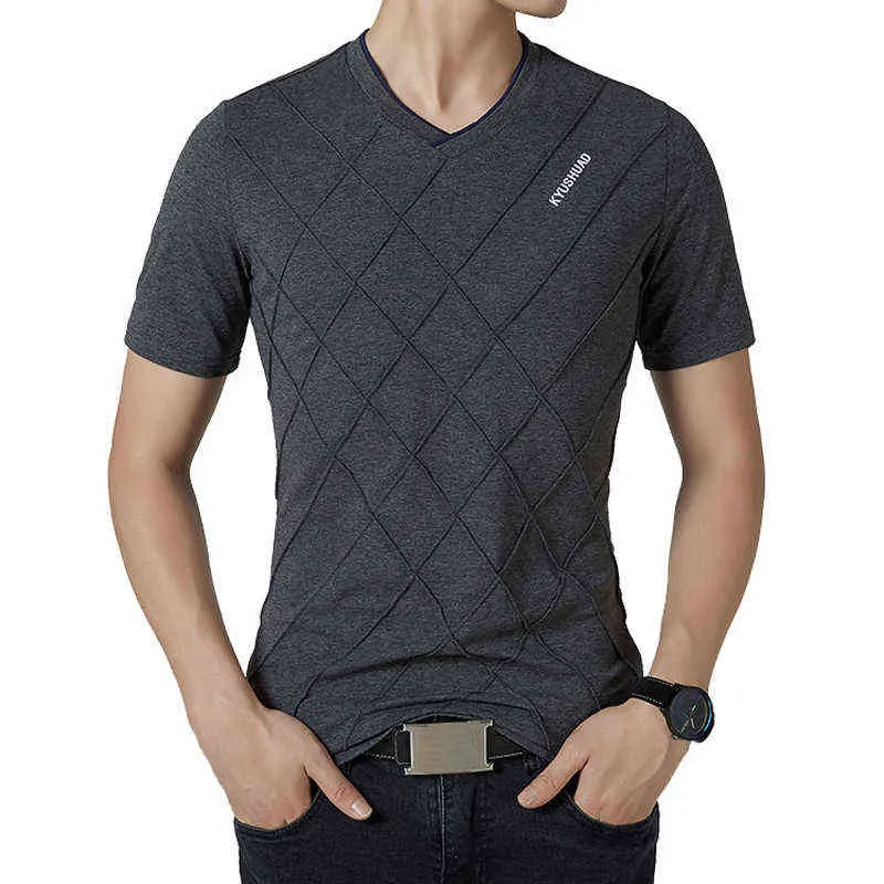 BROWON marca verão casual camiseta masculina manga curta decote em v elástico rômbico padrão roupas masculinas 2021 g1229
