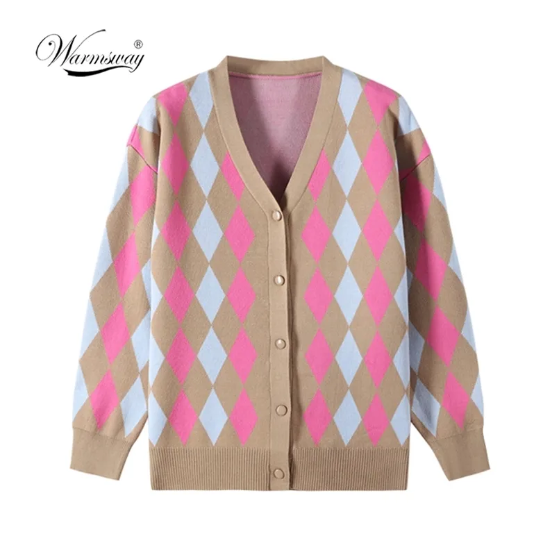 Vintage geometryczny rombowy sweter sweter kobiety jesień ciepły z długim rękawem luźne odzież wierzchnia Elegancka szyja Chic Knit Top C-023 211215