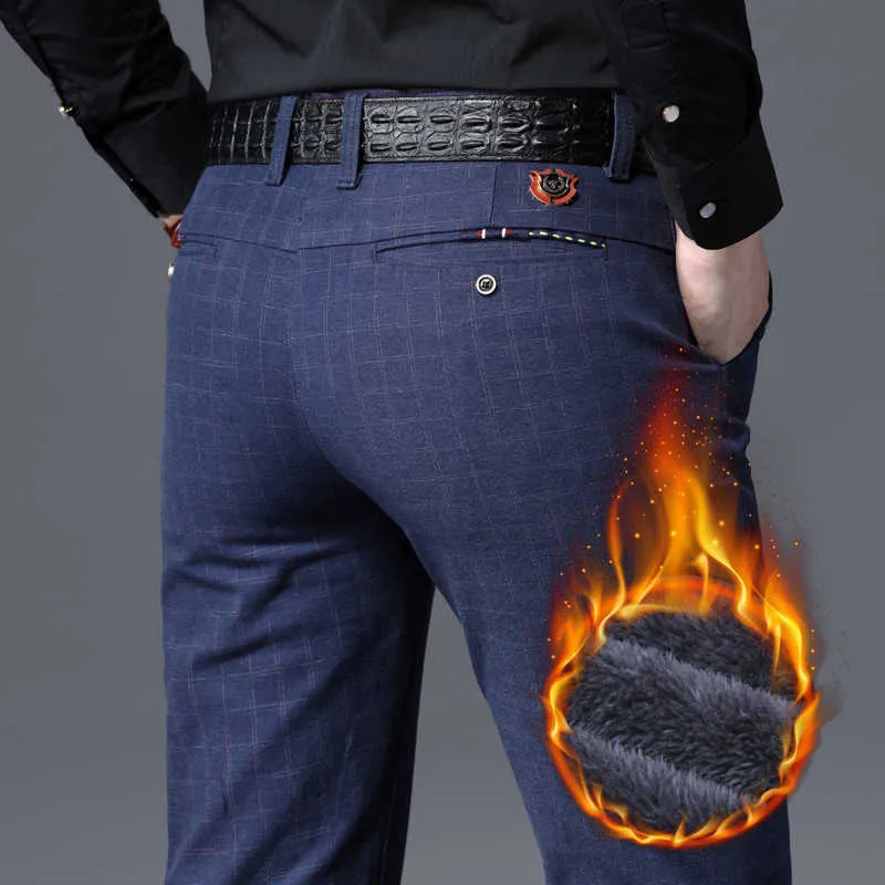 冬の男性の厚い暖かいズボン2020クラシックスタイルのビジネスオフィスブラックストレートフリースストレッチズボン男性ブランドx0615