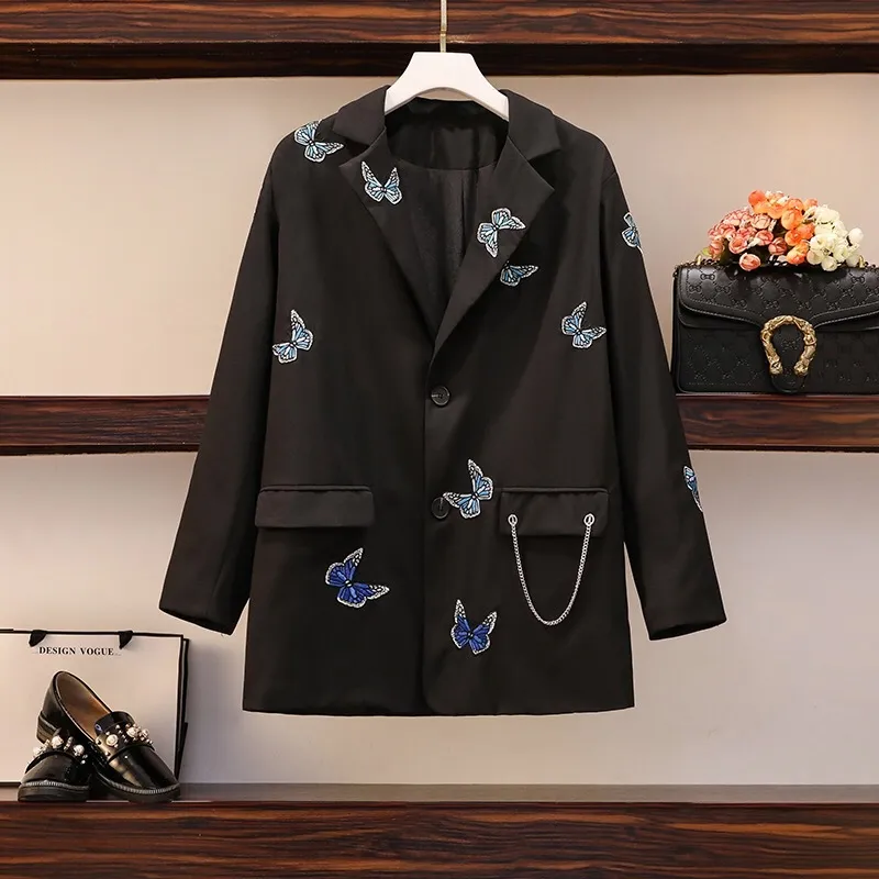 Autumn Fashion Designer Butterfly Embroidery Loose Black Blazer Women Long Sleeve Chain Streetwear Blaza Outwear Jacket Coat 210416