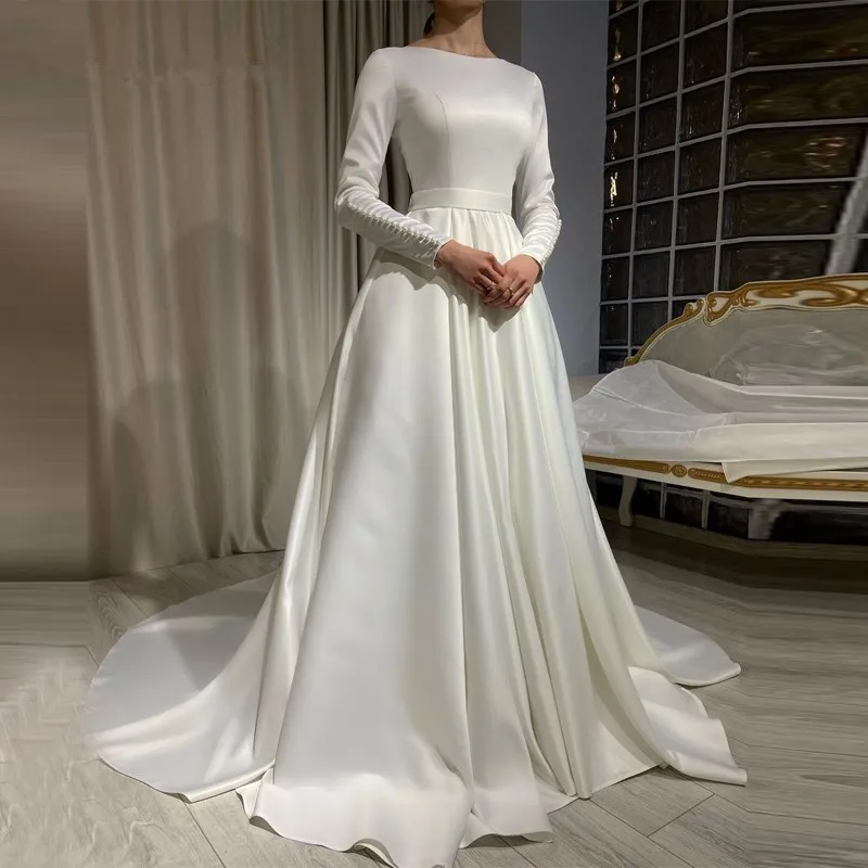 Robe de mariée en satin blanc simple, manches longues, robes de mariée musulmanes, robes de mariée Gelinlik, perles, train tribunal perlé, robes de mariée coréennes, 2022