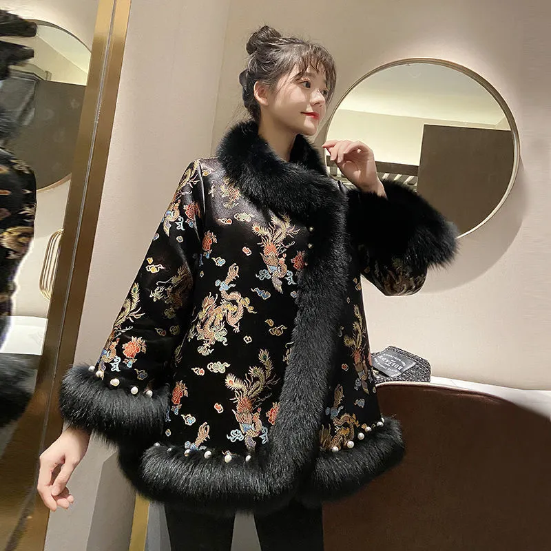 Chinese Style Winter Print Fur fur coat with Beaded Shawl