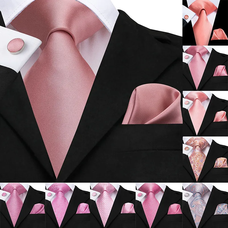 Hi-tie 100% Silk Classic Men's Wedding Coral Pink Red Peach Tie Pocket Square Cufflinks Set Rose Ties for Men Solid Paisley