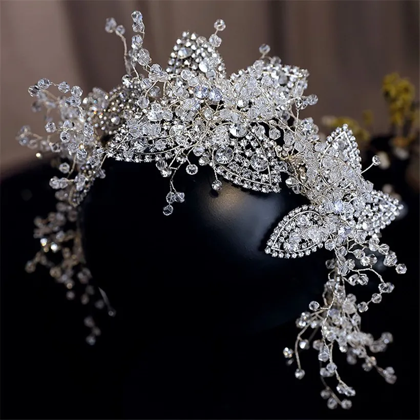 Mode Bröllop Bridal Crystal Headband Flower Crown Tiara Rhinestone Headpiece Hårband Koreanska Smycken Hår Tillbehör Prydnadskedja Band Silver Headdress