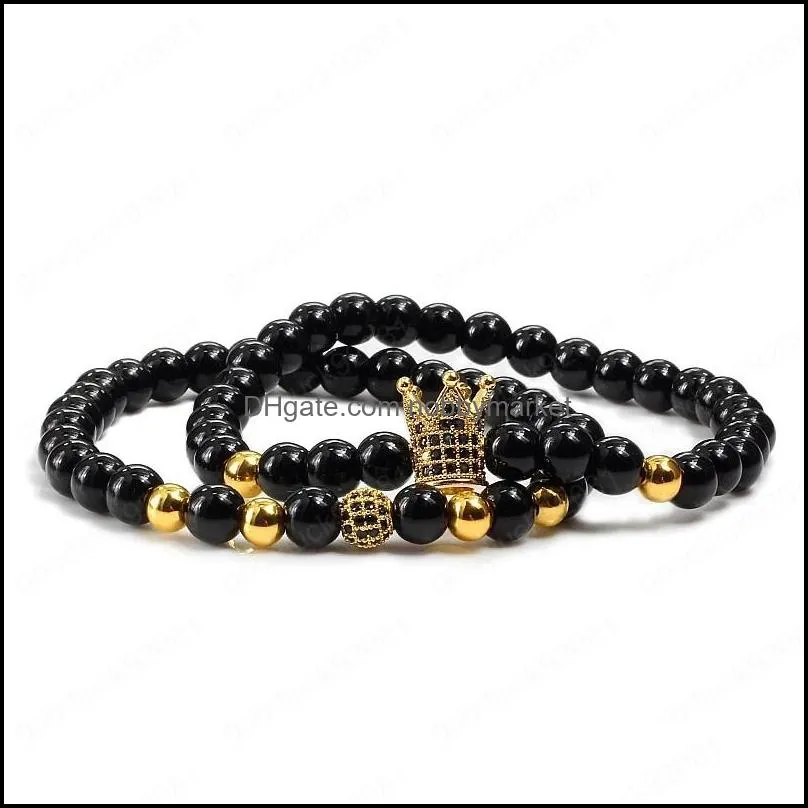 2pcs/set Couple Bracelets Natural Stone Strands Black Rose Gold Sliver Color CZ Crown Ball Beads Men Bracelet Bangles Jewelry