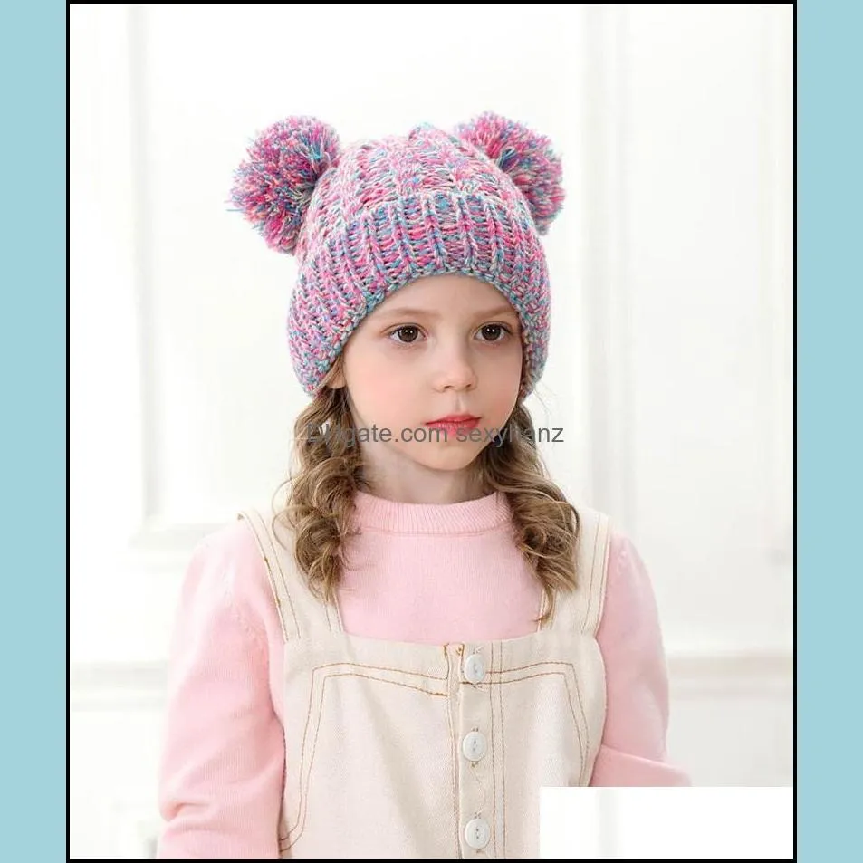 Kid Knit Crochet Beanies Hat Girls Soft Double Balls Winter Warm Hat 12 Colors Outdoor Baby Pompom Ski Caps GWE2902