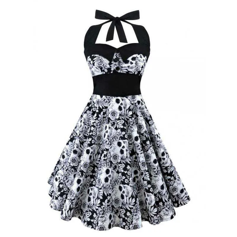 JOYNESS Sommer Vintage Retro 50er 60er Jahre Totenkopf Rose Blumenmuster Rockabilly Skater Pin Up Swing Flare Kleid Plus Größe 4XL 5XL 210608